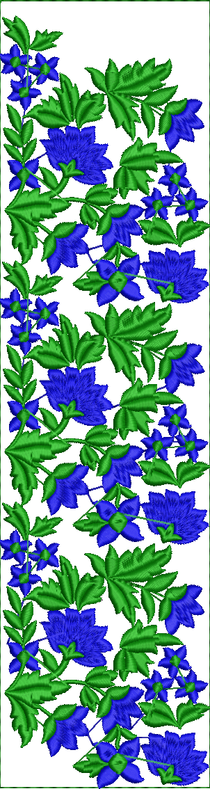 Embroidery design: A vertical embroidery border design featuring blue flowers and green leaves in a traditional ornamental style.
