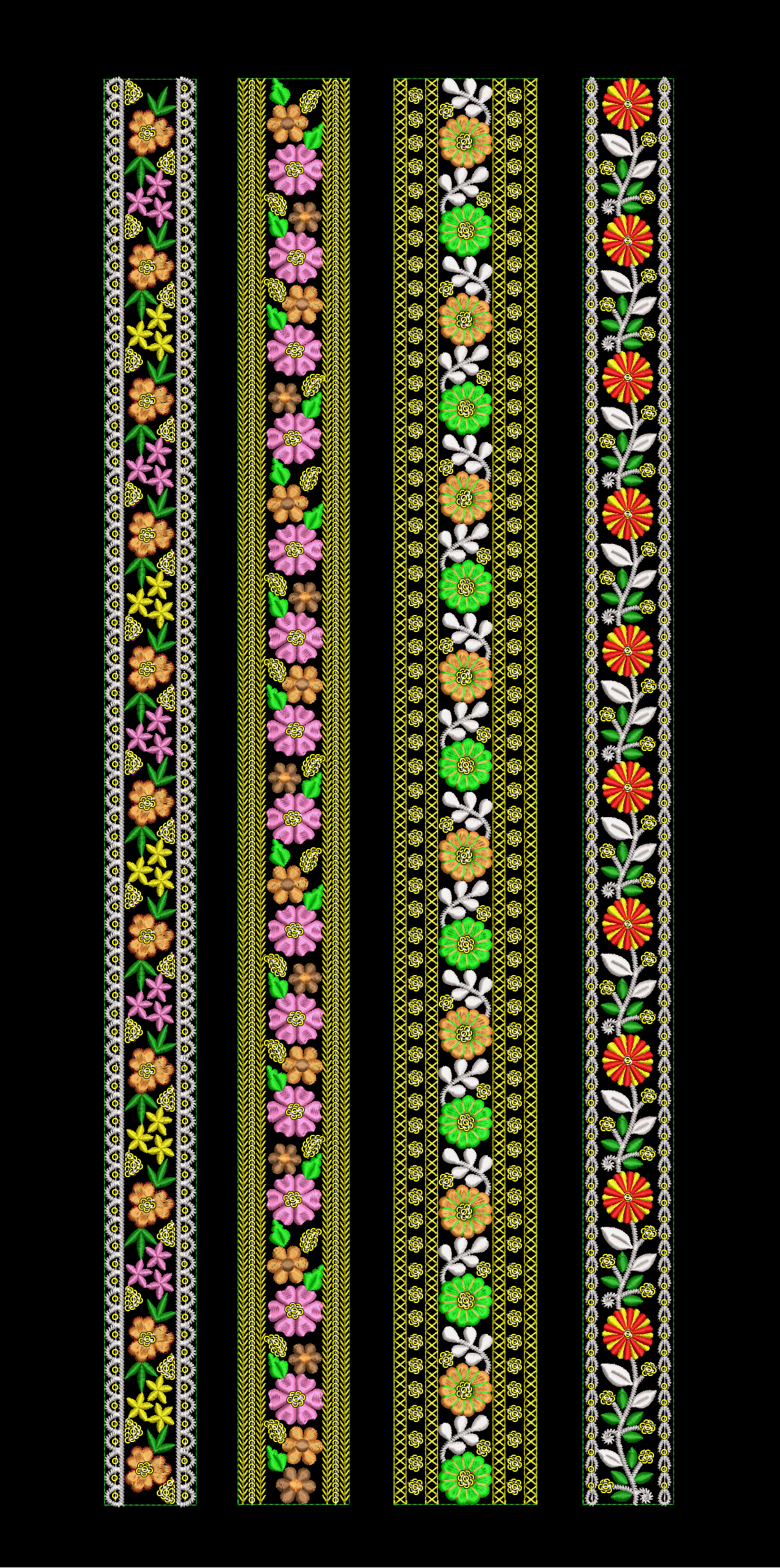 Embroidery design: A collection of four vertical embroidery borders, each featuring repeating floral and leaf motifs in various color combi