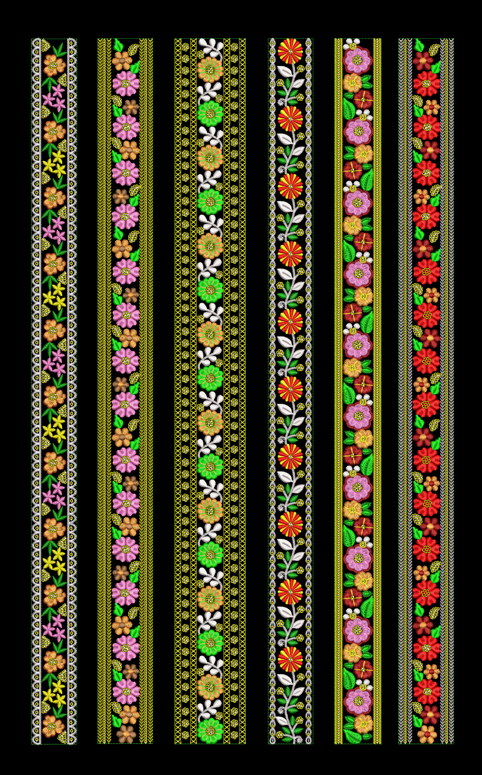 Embroidery design: Multiple vertical embroidery borders featuring repeating floral and foliate patterns in various colors including pink, o
