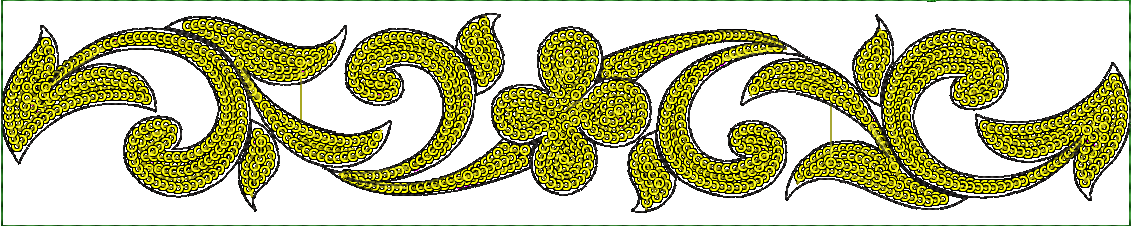 Embroidery design: A yellow and black embroidery border design featuring a central flower with scrollwork and leaf motifs, rendered in a de