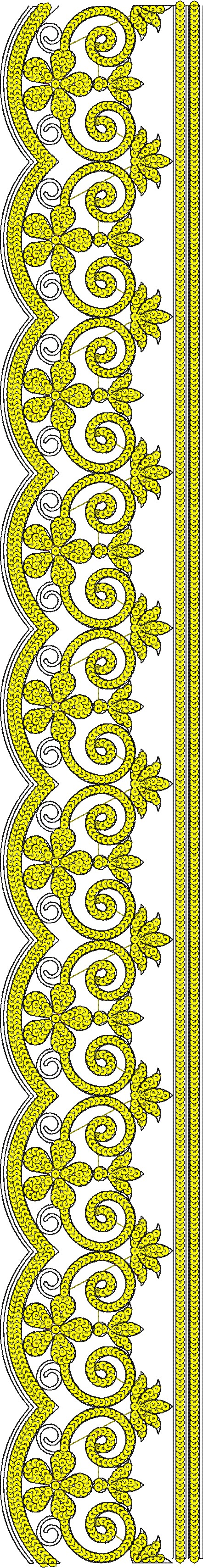Embroidery design: A decorative yellow and black border embroidery design featuring repeating ornamental scrollwork and floral motifs in a 