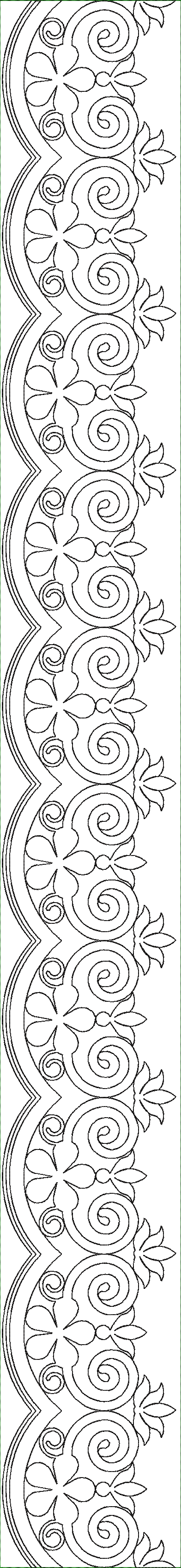 Embroidery design: A symmetrical, ornamental border design with repeating floral and scrollwork motifs, rendered in black and white.