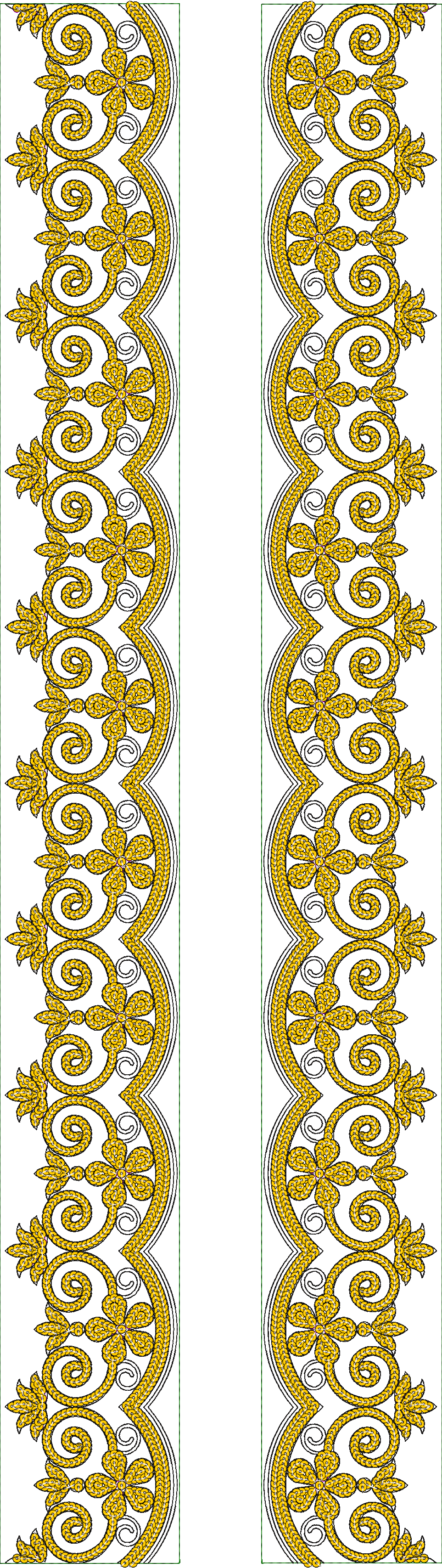 Embroidery design: Two symmetrical, vertical embroidery borders featuring ornate yellow scrollwork and floral motifs with black outlines on