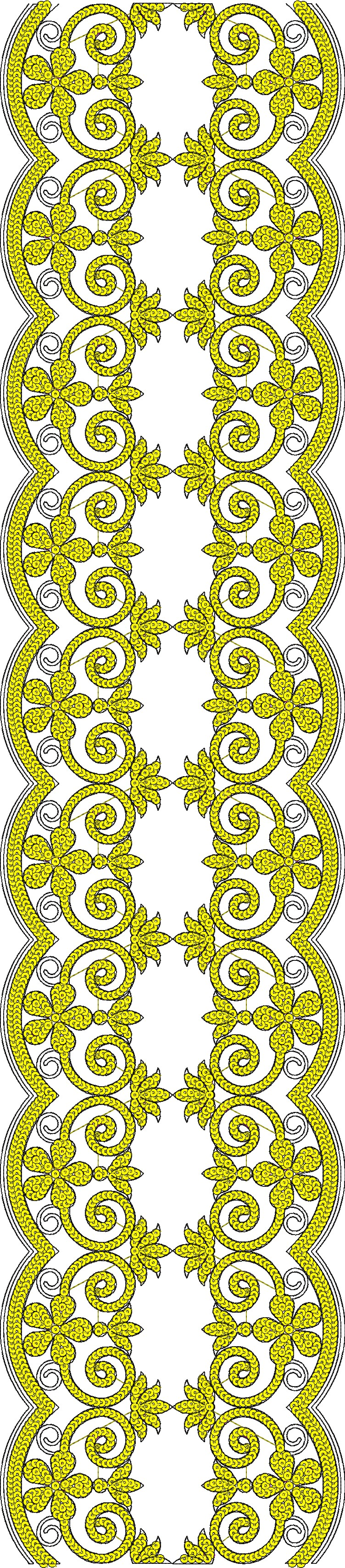Embroidery design: A symmetrical, repeating yellow ornamental border with scrolling vine and floral motifs, outlined in black on a white ba