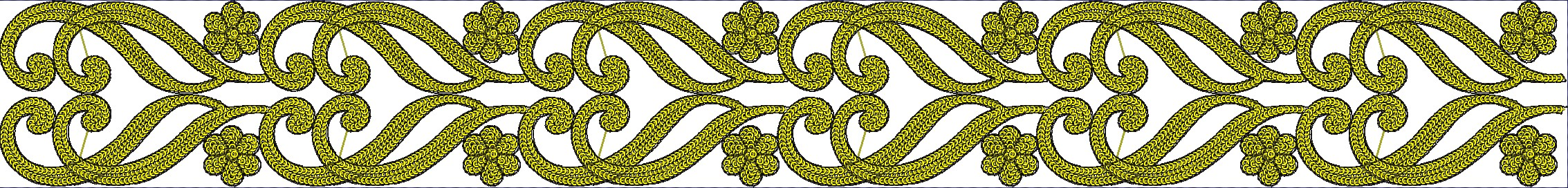 Embroidery design: A decorative yellow border with repeating scrollwork and floral motifs, outlined in black on a white background. The des