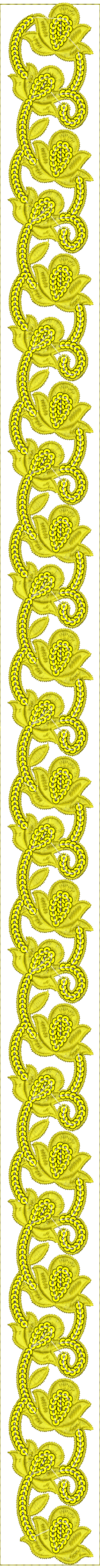 Embroidery design: A vertical embroidery border design featuring repeating yellow floral and scrollwork motifs with white accents.