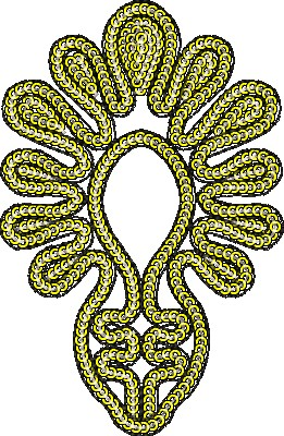 Embroidery design: A symmetrical, ornamental embroidery design in yellow, grey, and black, featuring a dense, coiled, or looped motif with 