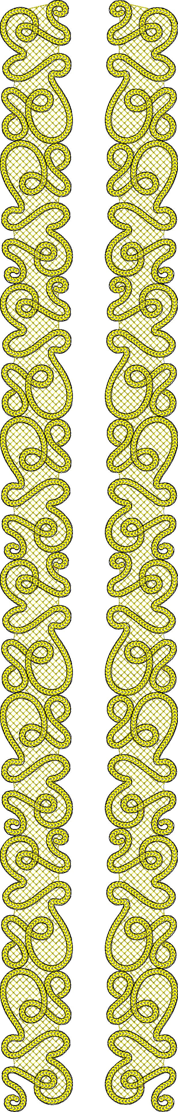 Embroidery design: A vertical embroidery border design with a repeating, symmetrical pattern of swirling yellow elements on a yellow lattic