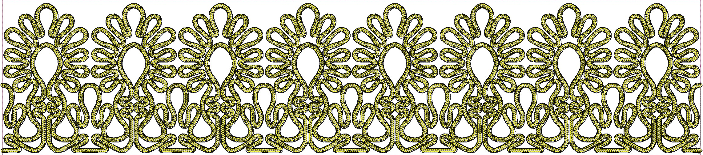 Embroidery design: A continuous horizontal decorative border embroidery design with a repeating, symmetrical pattern in yellow and black, f