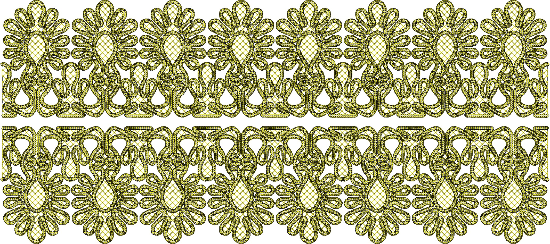 Embroidery design: A decorative, repeating border embroidery design in gold and green, featuring symmetrical scrollwork and floral motifs w