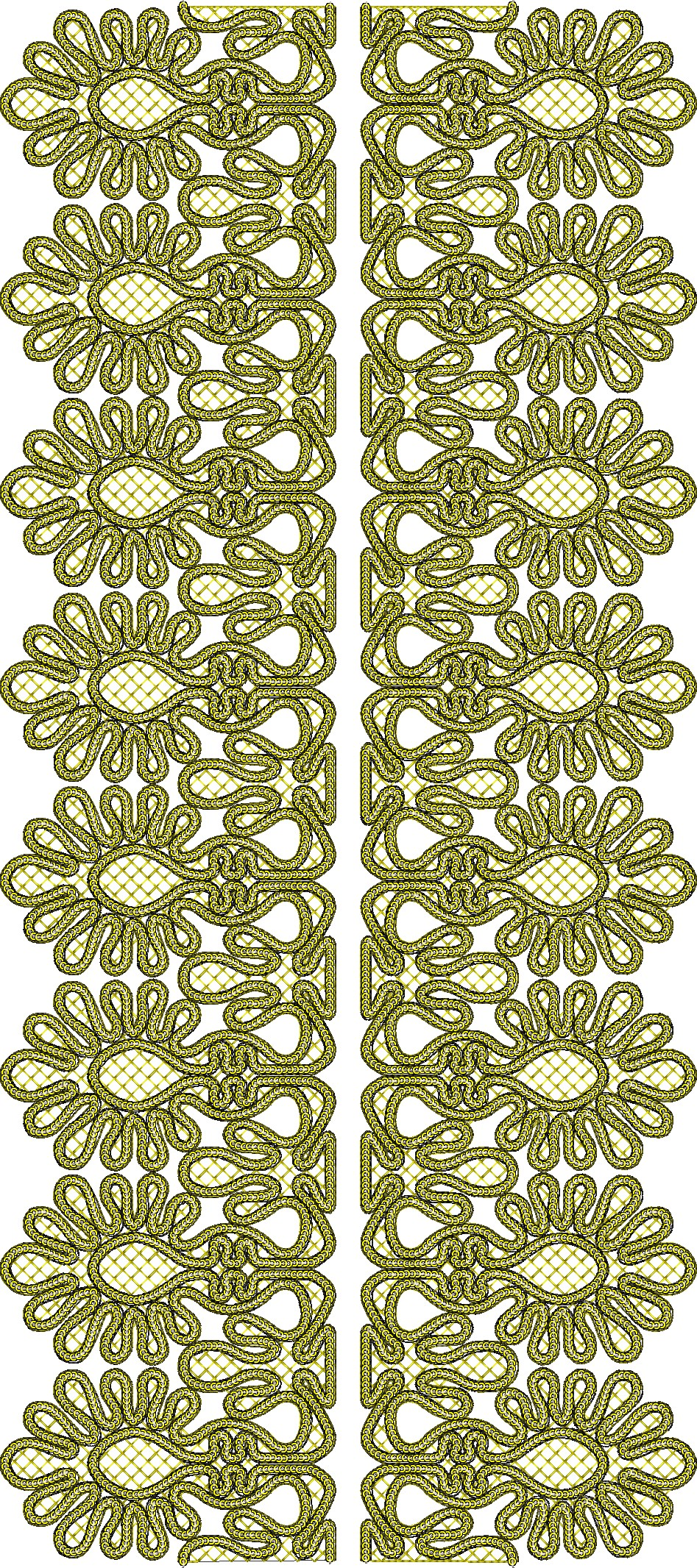 Embroidery design: A decorative, repeating, and symmetrical border embroidery design with golden yellow and off-white colors. The design fe