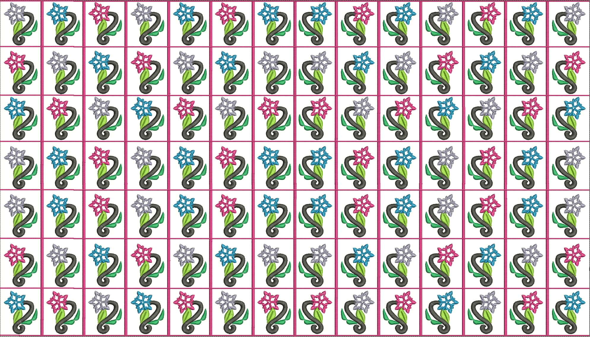 Embroidery design: A repeating embroidery pattern of stylized flowers in pink, blue, and grey, each with green leaves and black stems, set 