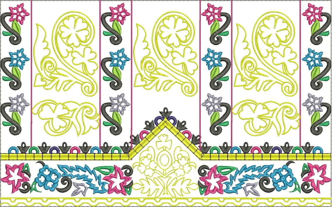 Embroidery design: A colorful embroidery design featuring repeating vertical panels with yellow scrollwork motifs and alternating pink, blu