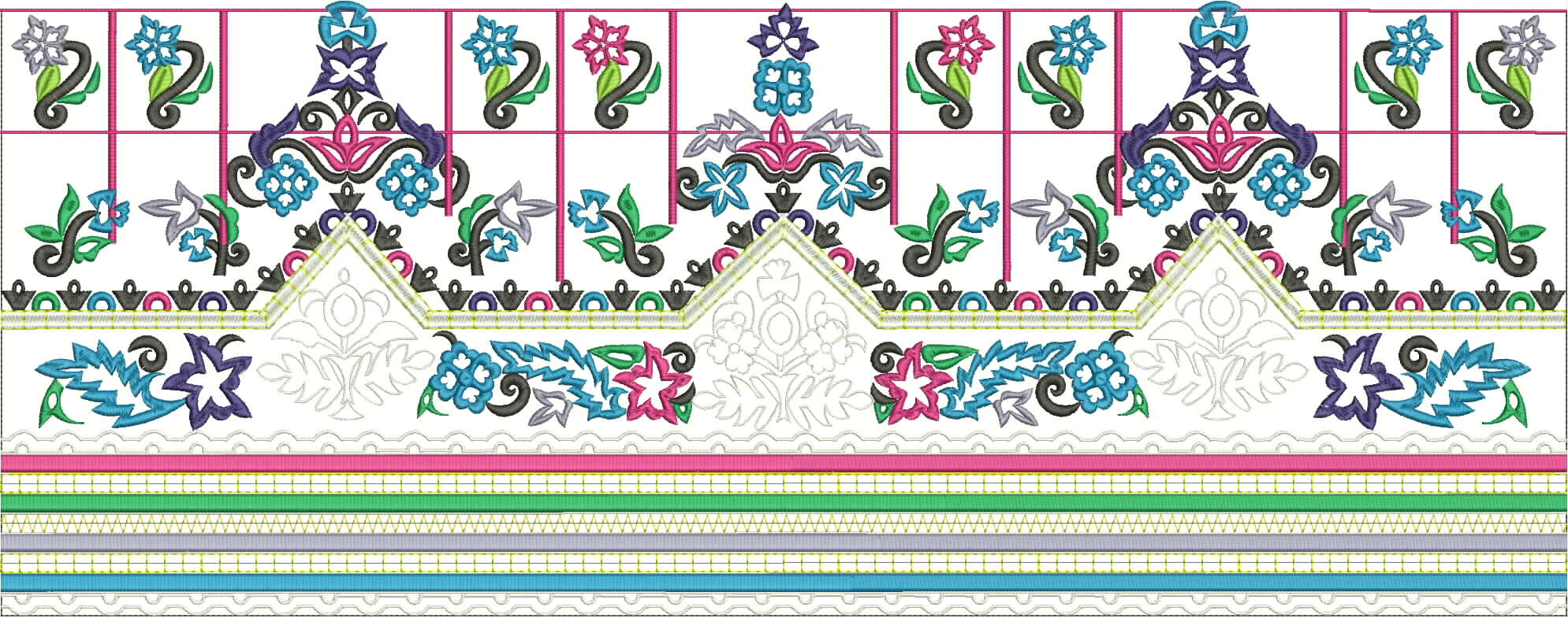 Embroidery design: A symmetrical and repeating embroidery border design featuring floral and geometric motifs in pink, blue, green, grey, p