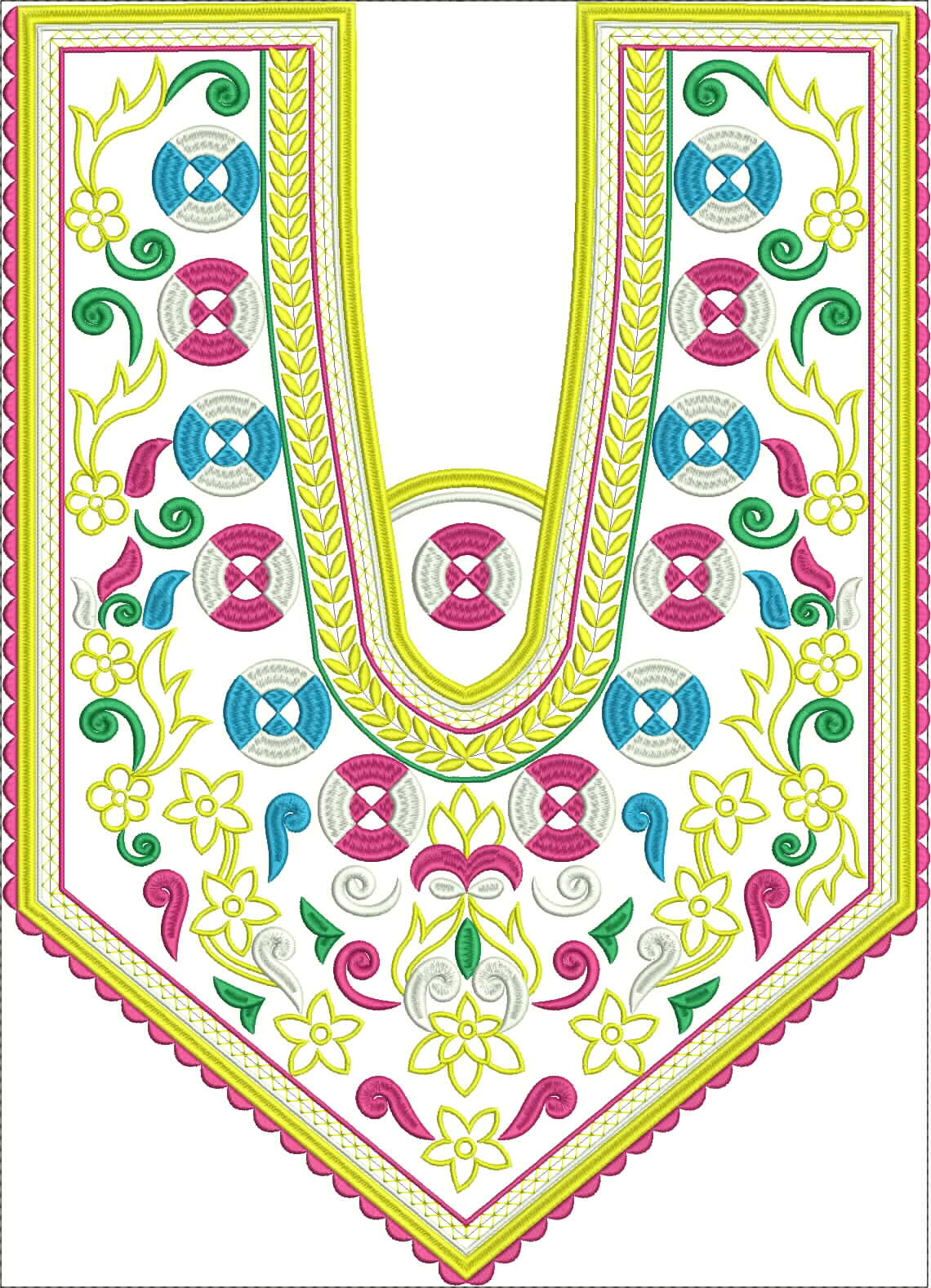 Embroidery design: A symmetrical neckline embroidery design featuring a colorful border with floral elements, scrollwork, geometric circula