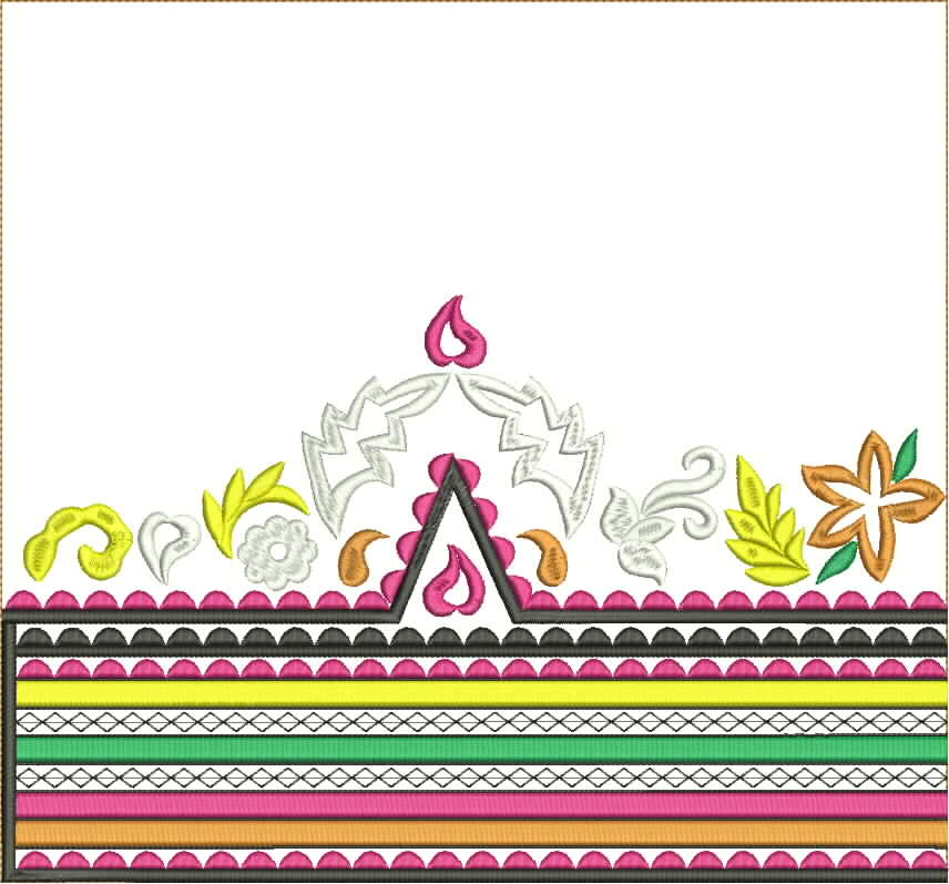 Embroidery design: A decorative embroidery border design featuring a central ornamental motif above colorful horizontal stripes with geomet
