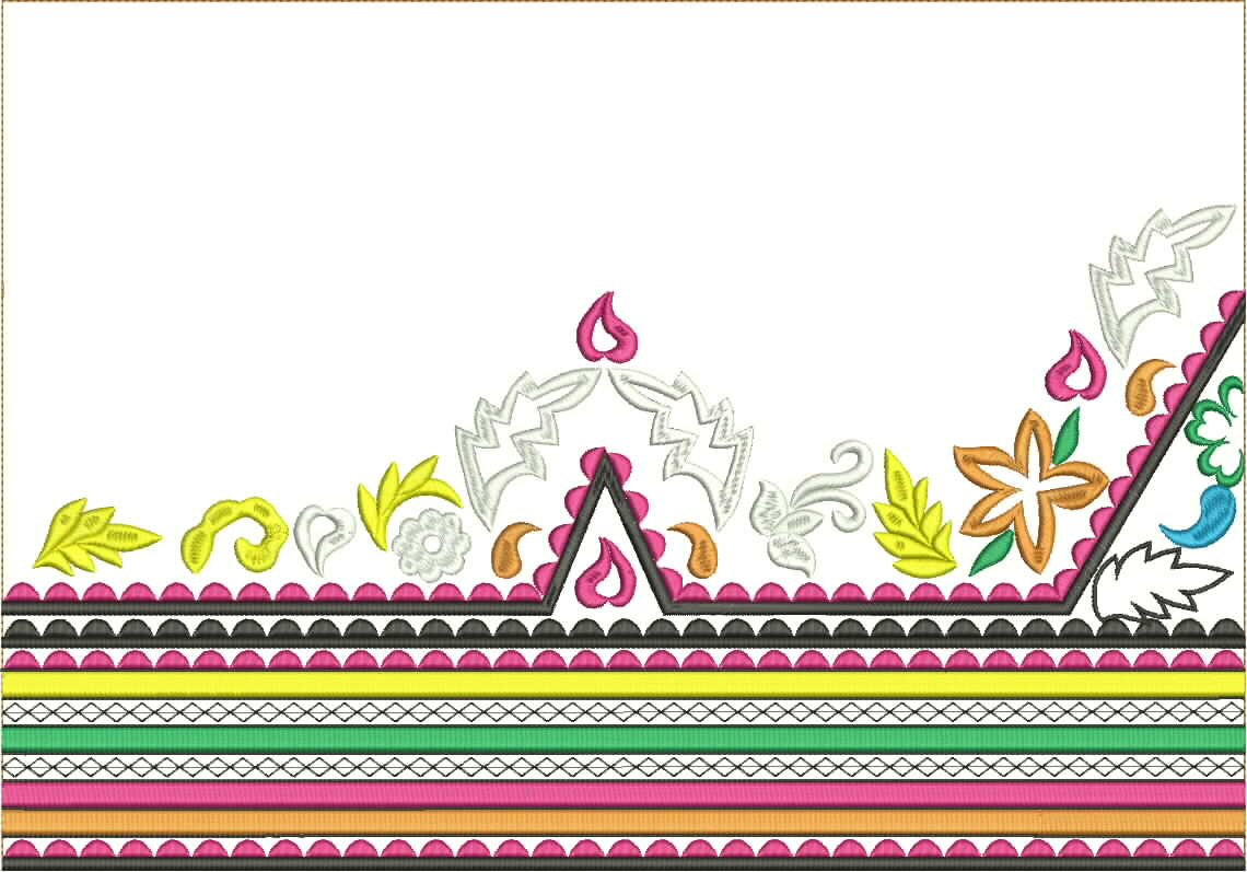 Embroidery design: A decorative embroidery border design featuring geometric stripes at the bottom and an array of floral and leaf motifs i