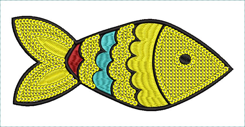 Embroidery design: A decorative embroidery design of a yellow fish with turquoise and red accents, outlined in black and filled with yellow