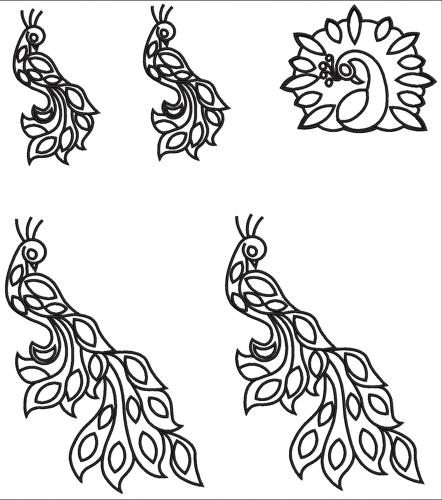 Embroidery design: Five black and white embroidery designs featuring peacocks. One design is a circular motif, and the other four are indiv