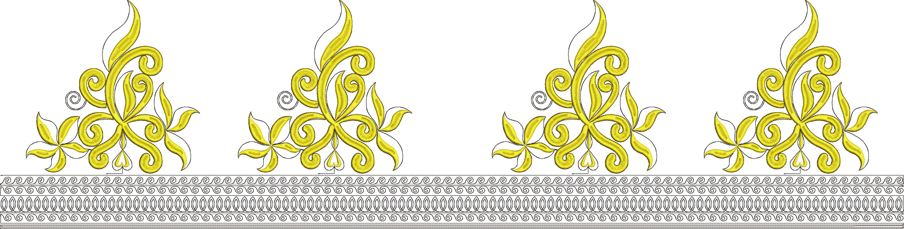 Embroidery design: A repeating pattern of yellow ornamental scrollwork with leaf and floral elements, featuring a decorative border at the 
