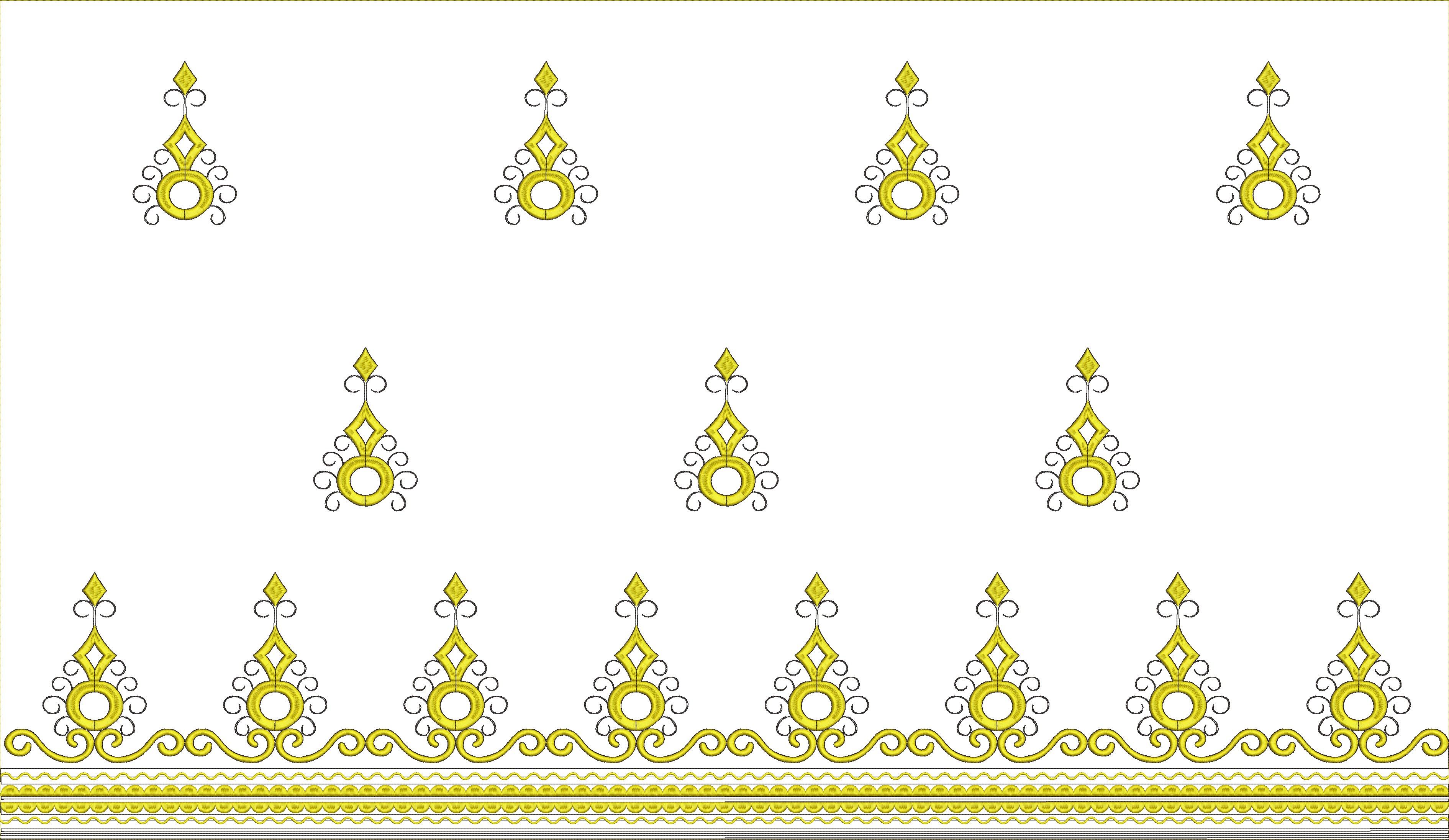 Embroidery design: A repeating horizontal embroidery border with stylized yellow and black ornamental motifs, featuring geometric shapes, s