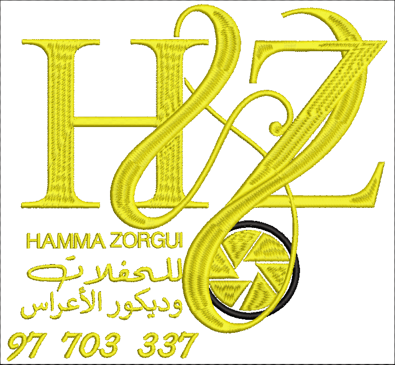 Embroidery design: A yellow and black embroidery design featuring the letters HZ, the name HAMMA ZORGUI, Arabic text, a phone number, and a