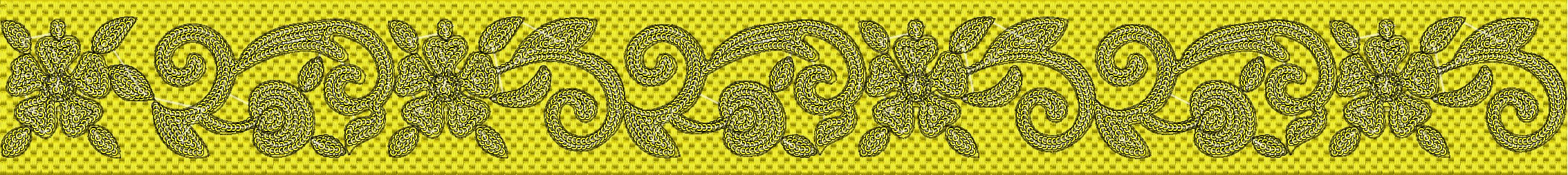 Embroidery design: A decorative yellow border with black embroidery featuring a repeating pattern of stylized flowers, leaves, and scrollwo