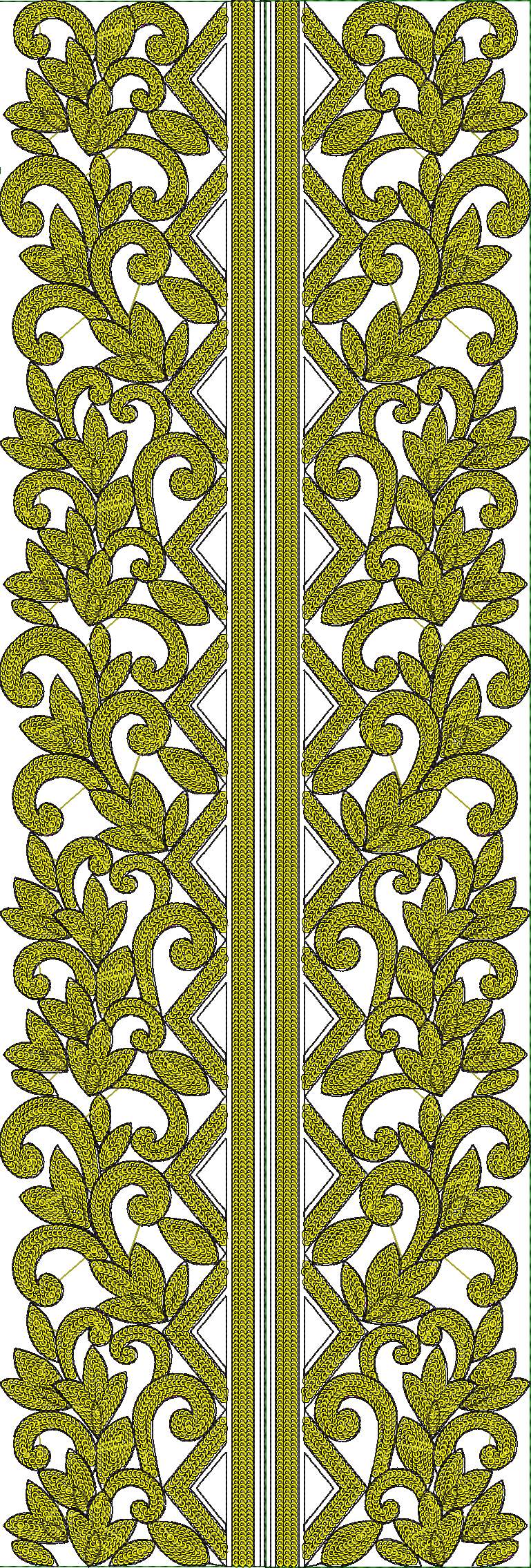 Embroidery design: A symmetrical, repeating vertical border embroidery design featuring yellow-green scrollwork and leaf motifs with black 
