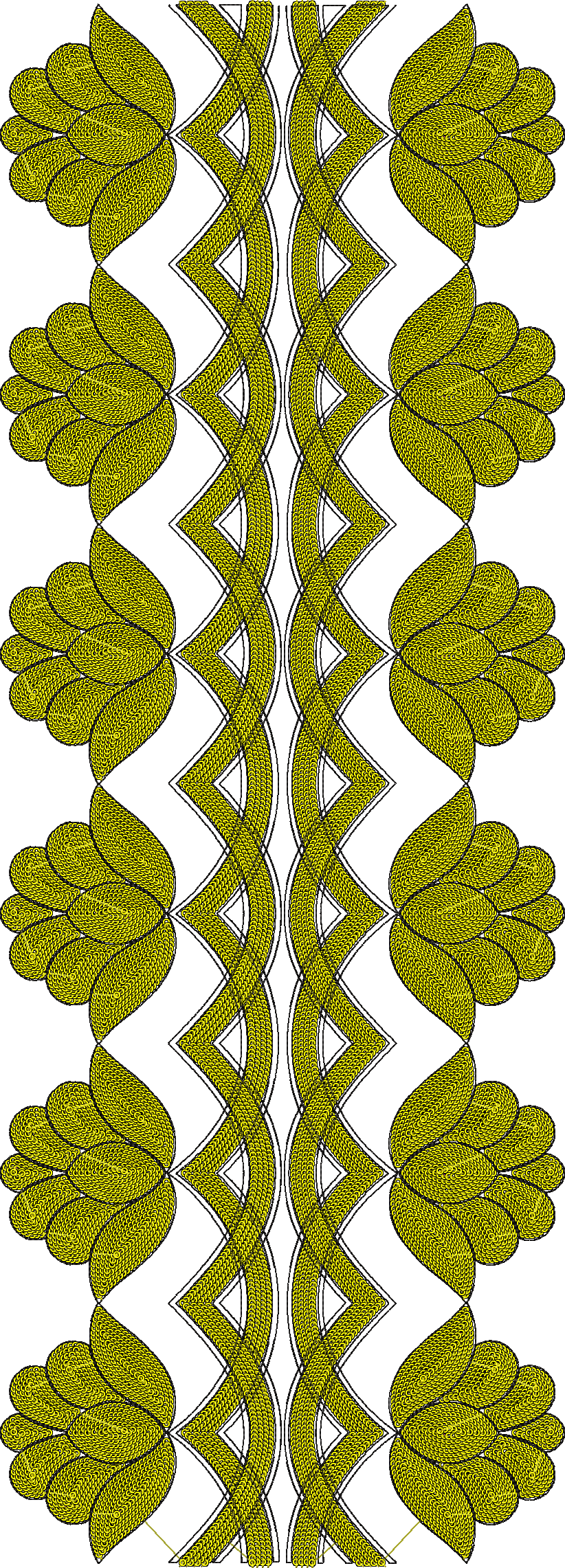 Embroidery design: A symmetrical, vertical embroidery design in yellow and black, featuring repeating leaf-like shapes arranged around a ce