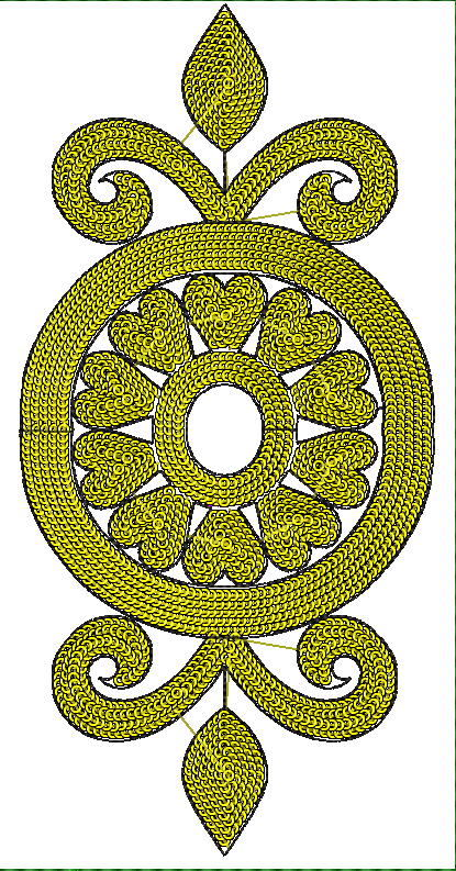 Embroidery design: A symmetrical, ornamental embroidery design in yellow, featuring a central medallion composed of scrollwork, leaf shapes