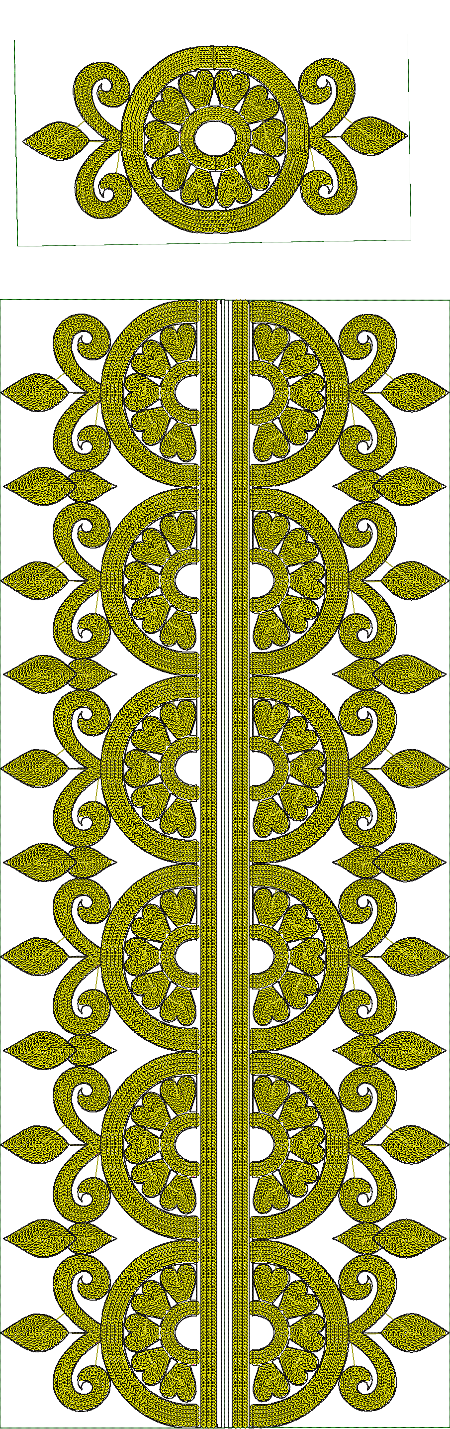 Embroidery design: A decorative, symmetrical embroidery border design in yellowish-green, featuring repeating circular motifs with internal