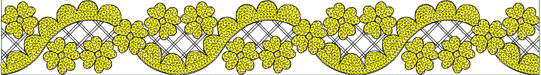Embroidery design: A repeating decorative border with a symmetrical floral motif in yellow with black outlines and subtle gray and pink acc