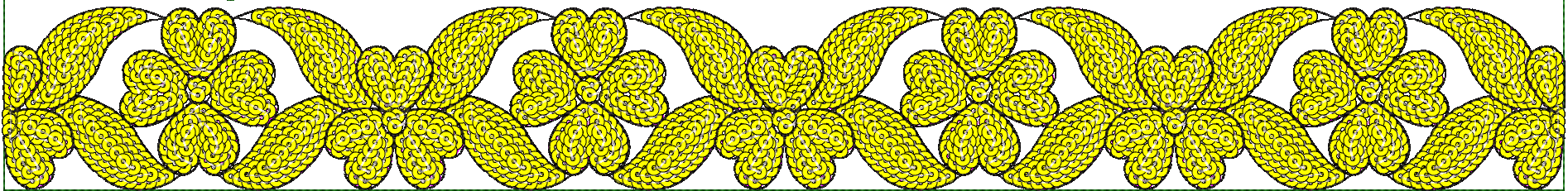 Embroidery design: A repeating symmetrical ornamental border design in yellow and black, featuring dense fill of circular motifs and scroll