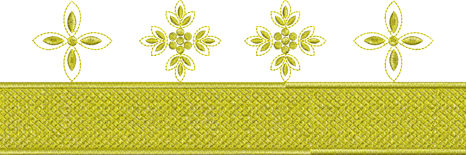 Embroidery design: A decorative gold embroidery border with repeating floral and geometric diamond motifs.