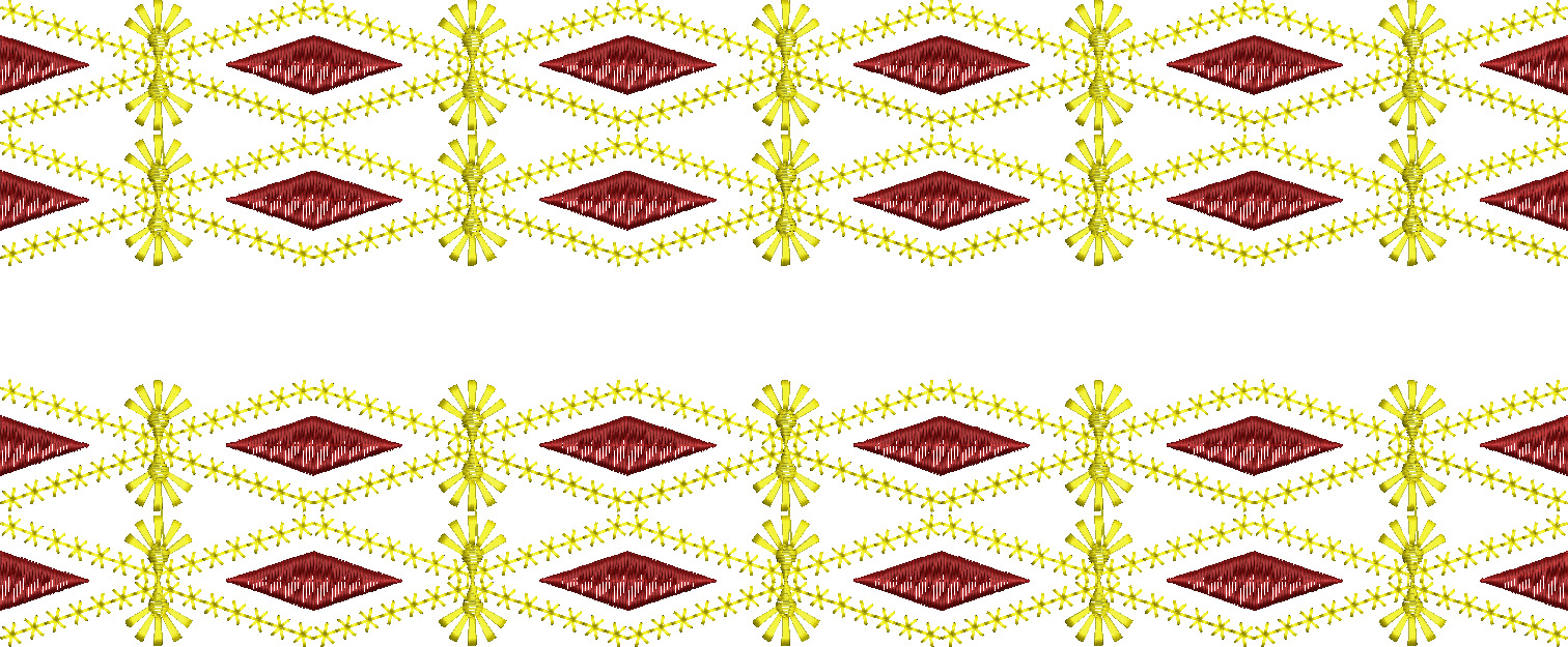 Embroidery design: A repeating border embroidery design with a geometric pattern of diamonds and ornamental yellow accents.