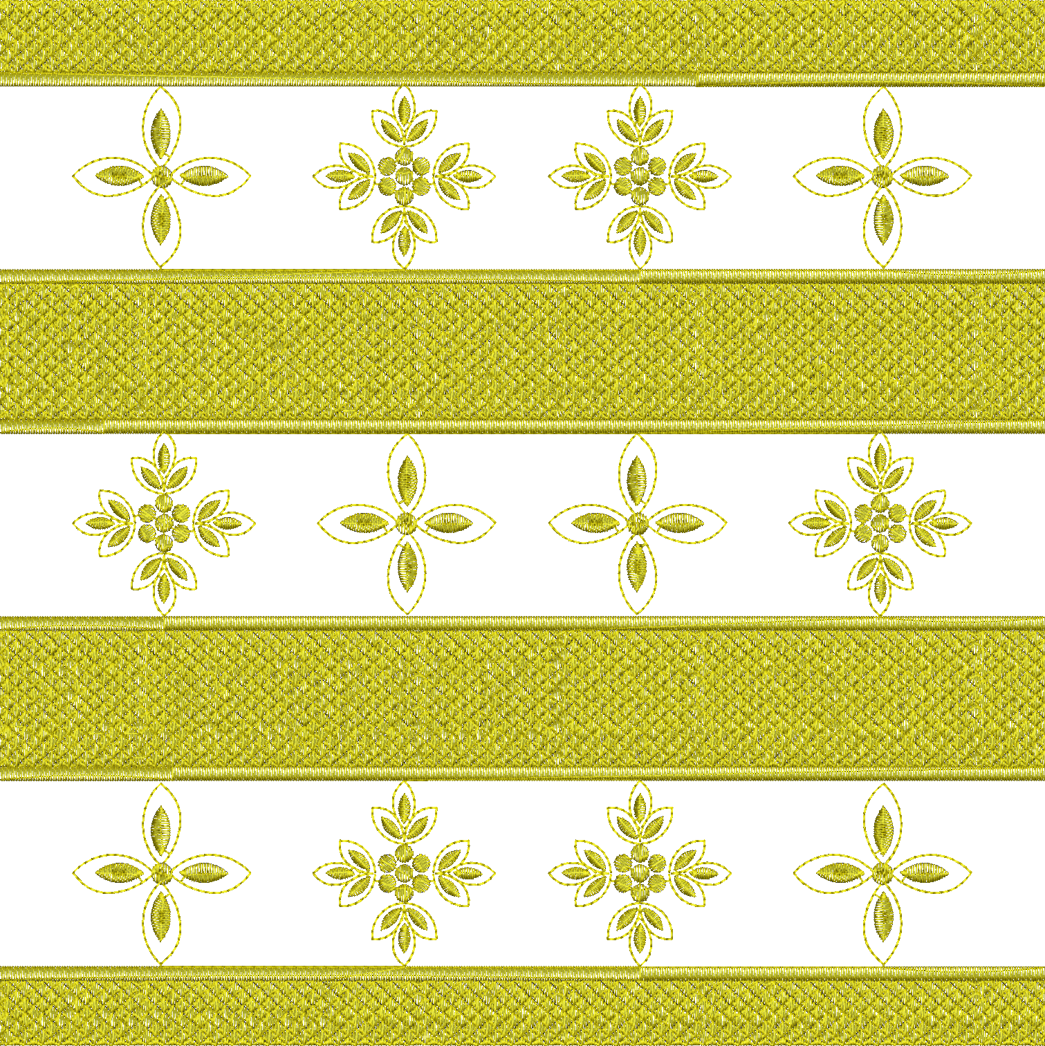 Embroidery design: A repeating horizontal embroidery border with alternating bands of textured golden yellow weave and white space containi