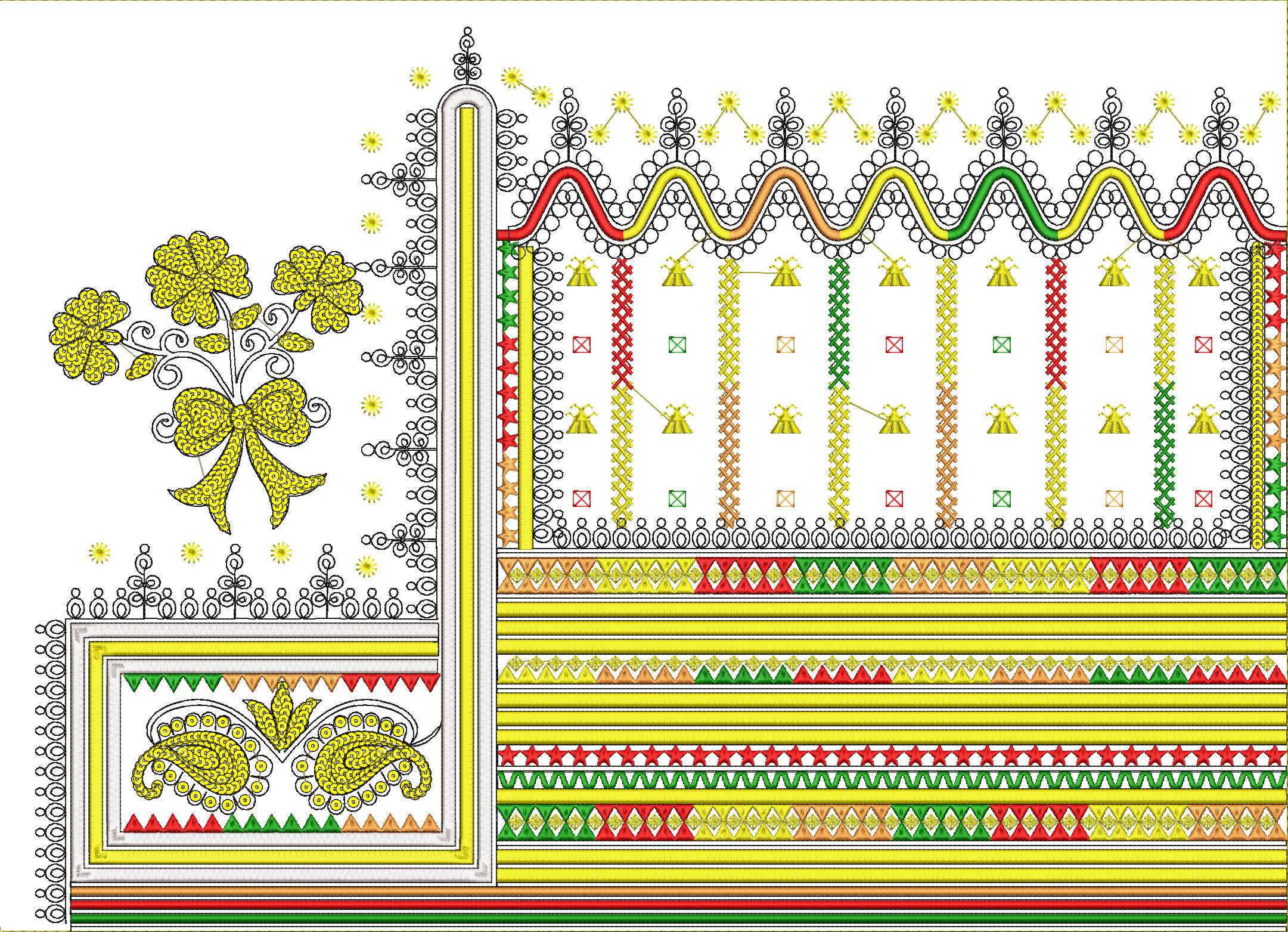 Embroidery design: An ornate embroidery design featuring a yellow floral bouquet and bow on the left, with elaborate geometric and patterne