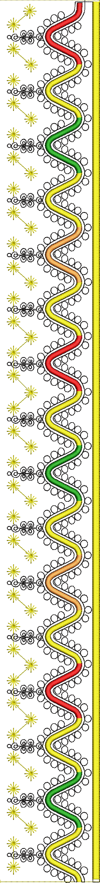 Embroidery design: A decorative border design featuring a wavy, multicolored band (red, yellow, green) outlined in black, with black circul