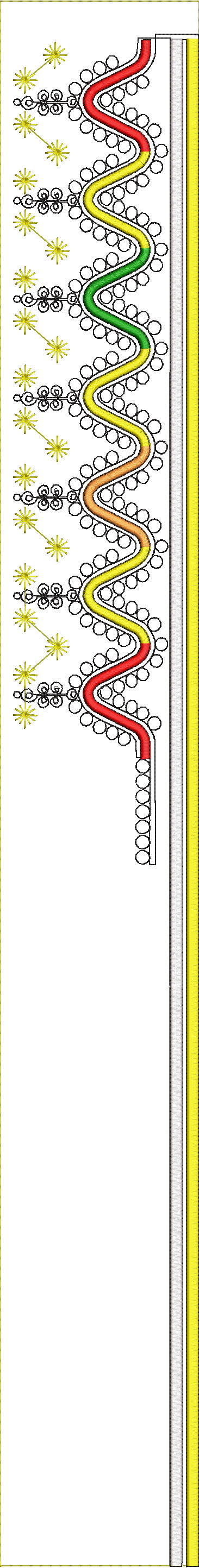 Embroidery design: A decorative embroidery design featuring a colorful wavy ribbon with a gradient of red, orange, yellow, and green, borde