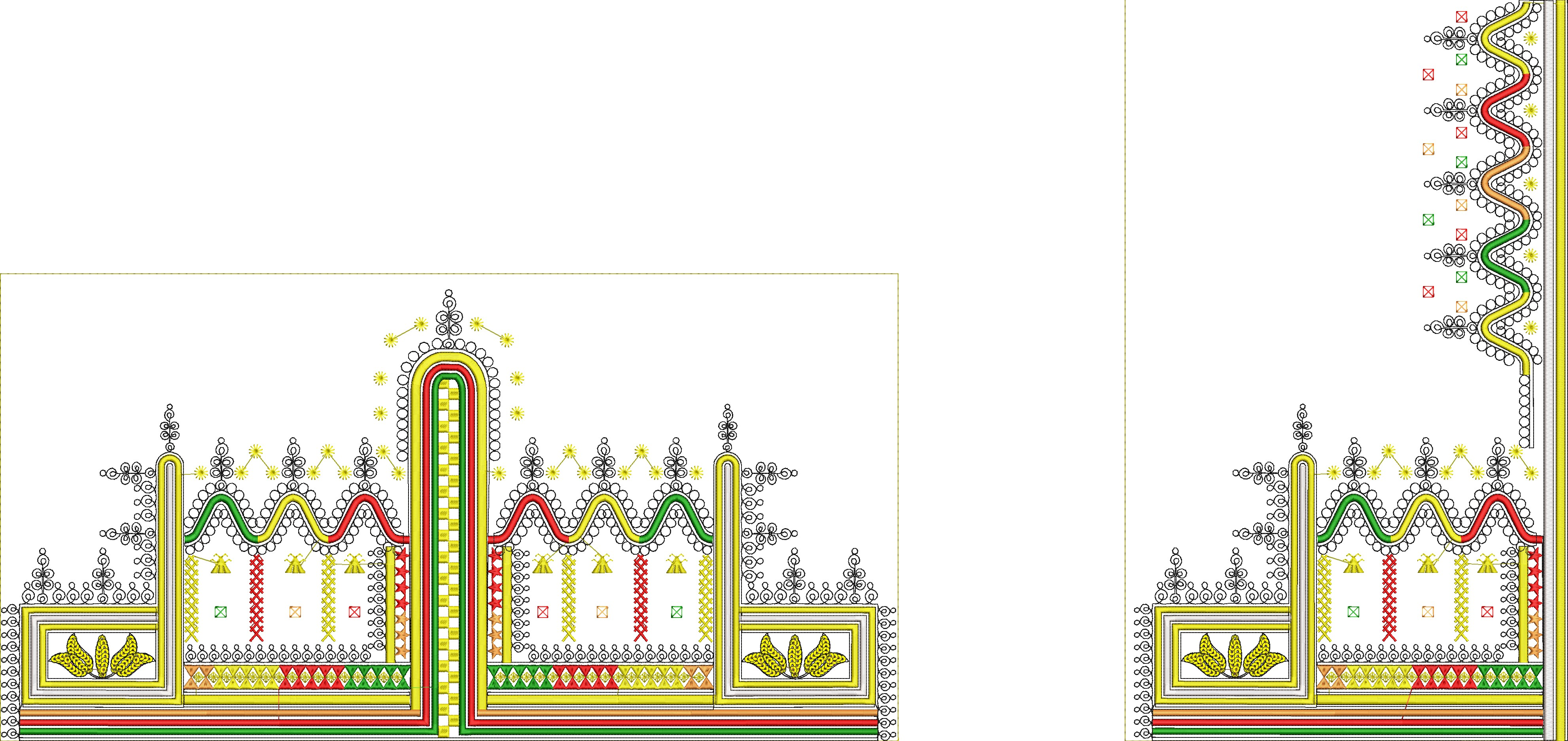 Embroidery design: A decorative embroidery design featuring a repeating symmetrical border with geometric and floral elements in red, green