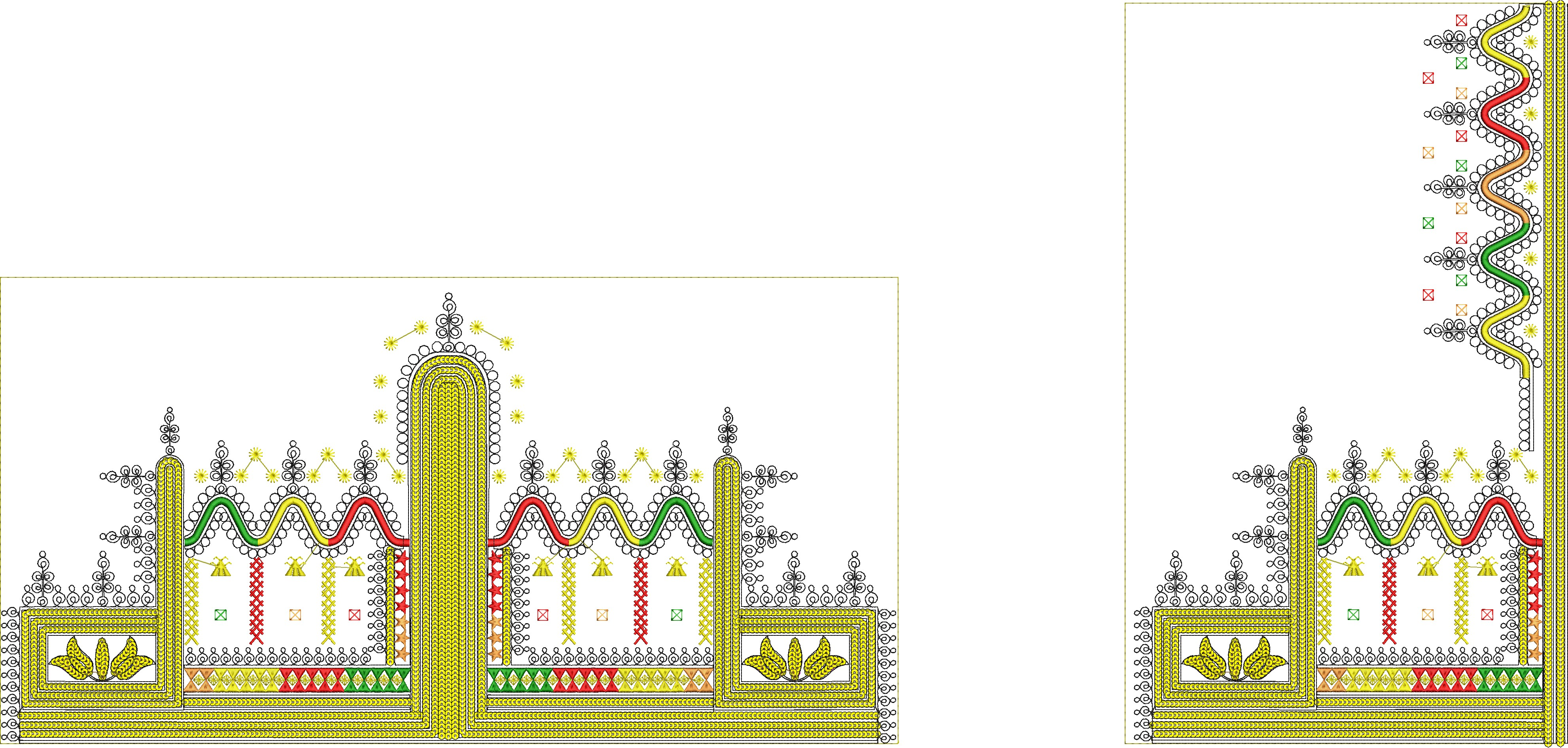 Embroidery design: A decorative embroidery border design featuring repeating geometric and floral motifs in yellow, red, green, orange, and