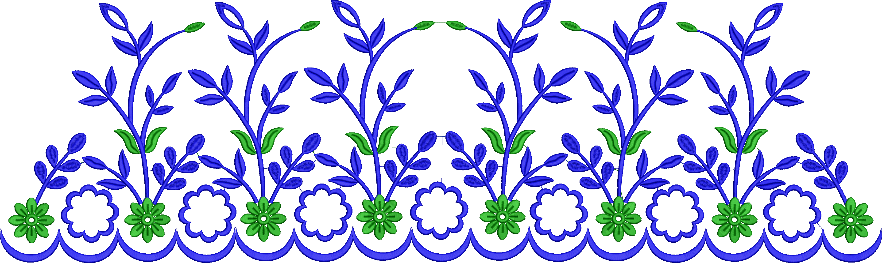 Embroidery design: A decorative border design featuring blue vines with green leaves and flowers, with a scalloped edge.