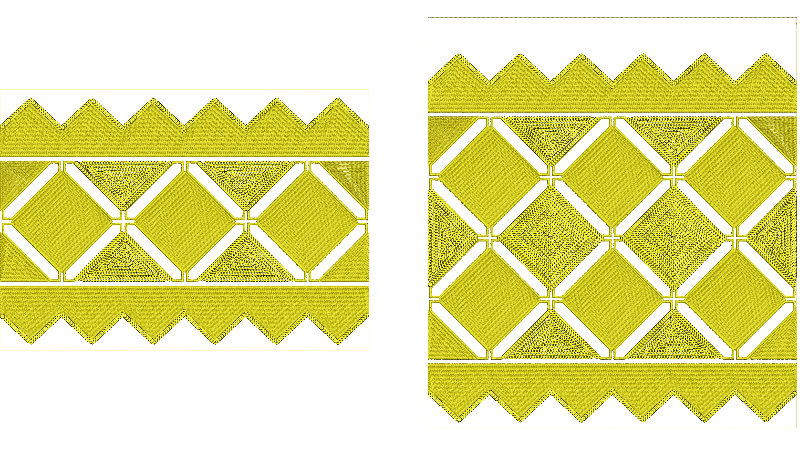 Embroidery design: A yellow embroidery design with a repeating geometric pattern of diamonds and chevrons, suitable as a border or trim.
