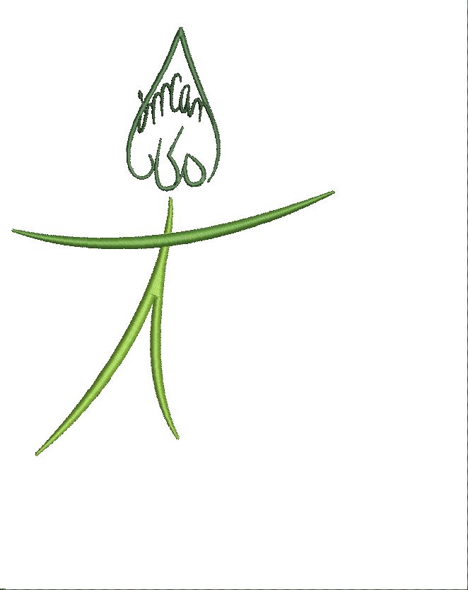 Embroidery design: A green embroidered design of a stylized figure resembling a dancing leaf with illegible text inside the leaf-shaped hea