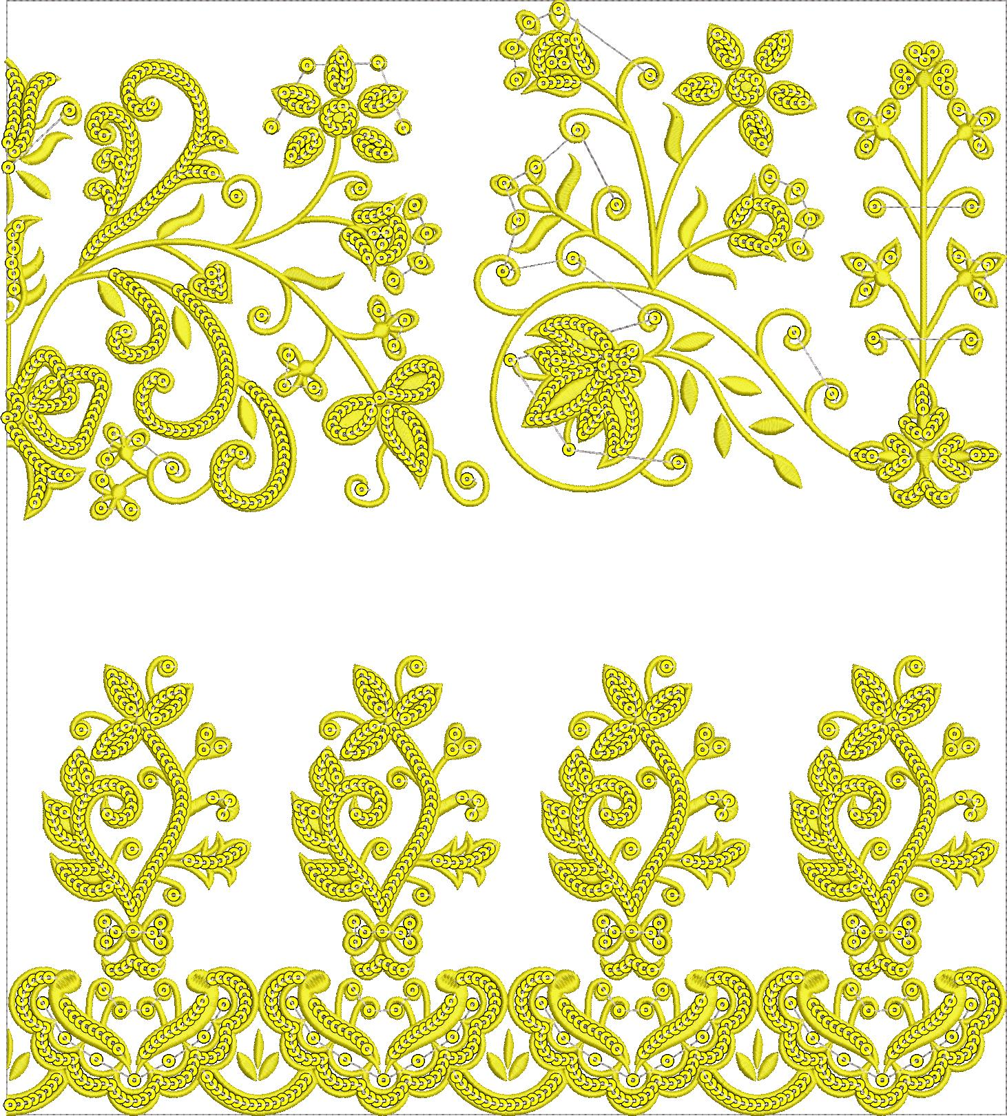 Embroidery design: An ornate yellow embroidery design featuring scrolling vines and floral motifs, suitable for borders and decorative elem
