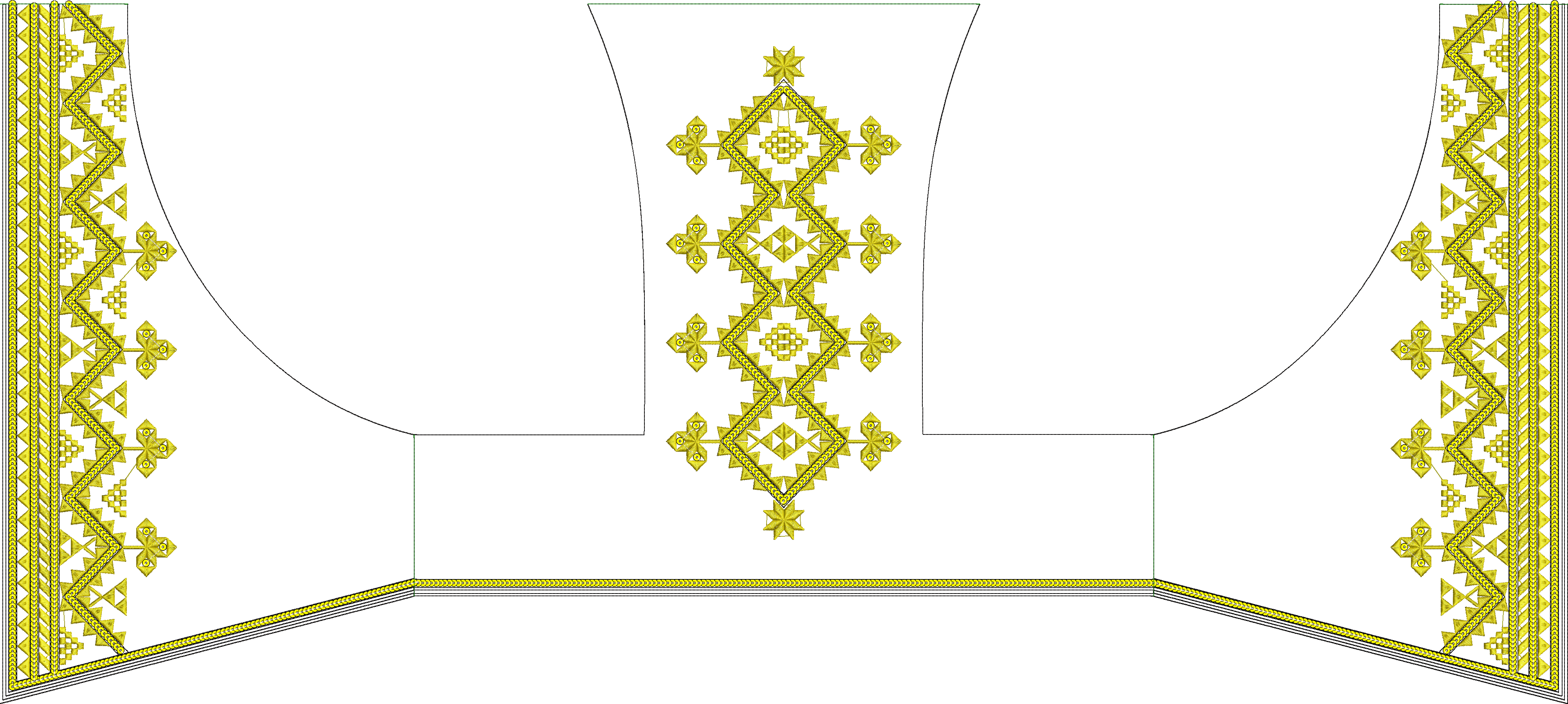 Embroidery design: A detailed golden yellow embroidery design on white fabric, featuring geometric borders on the sides, a decorative neckl