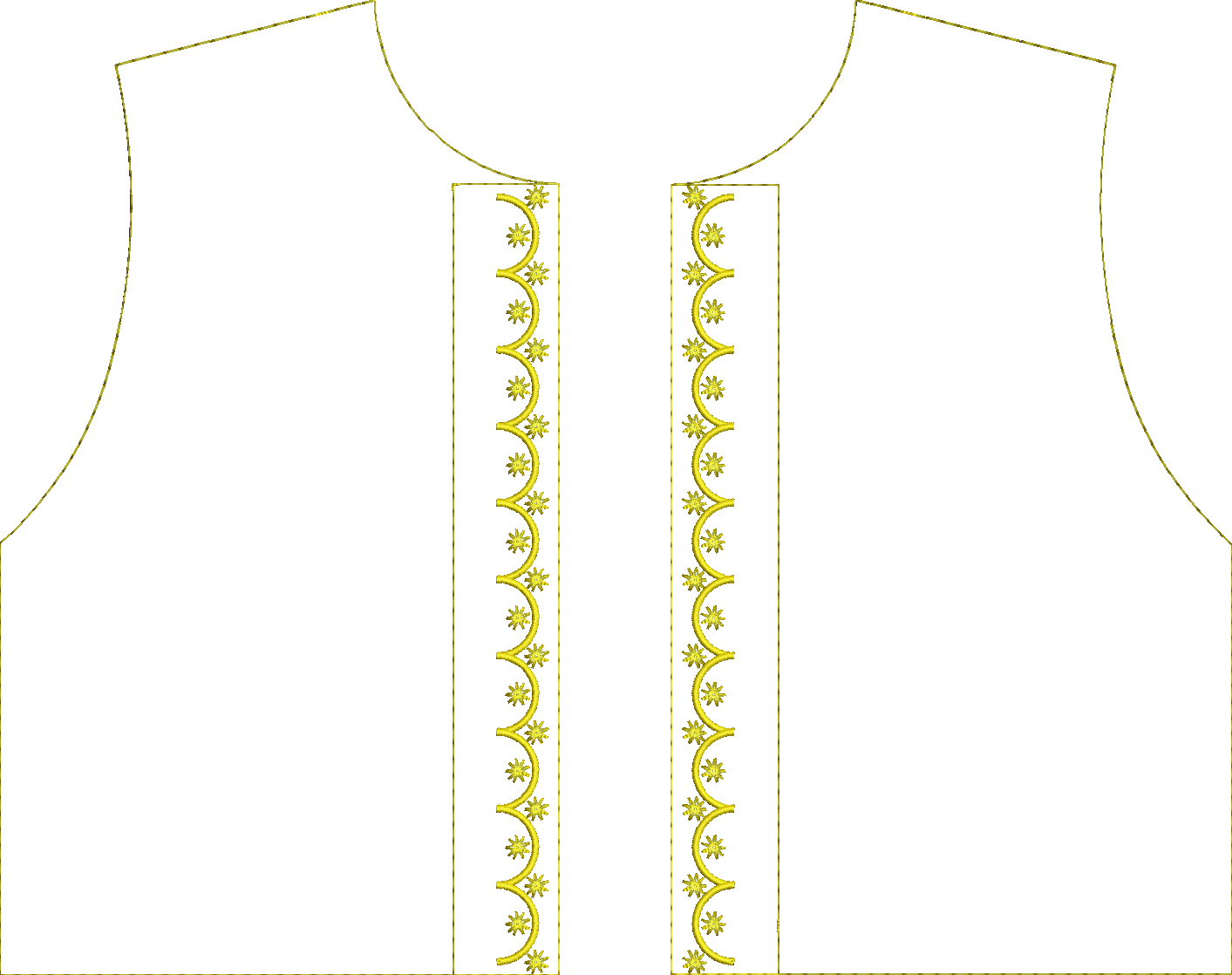 Embroidery design: A yellow decorative border embroidery design with a scalloped edge, featuring repeating floral and geometric motifs in a