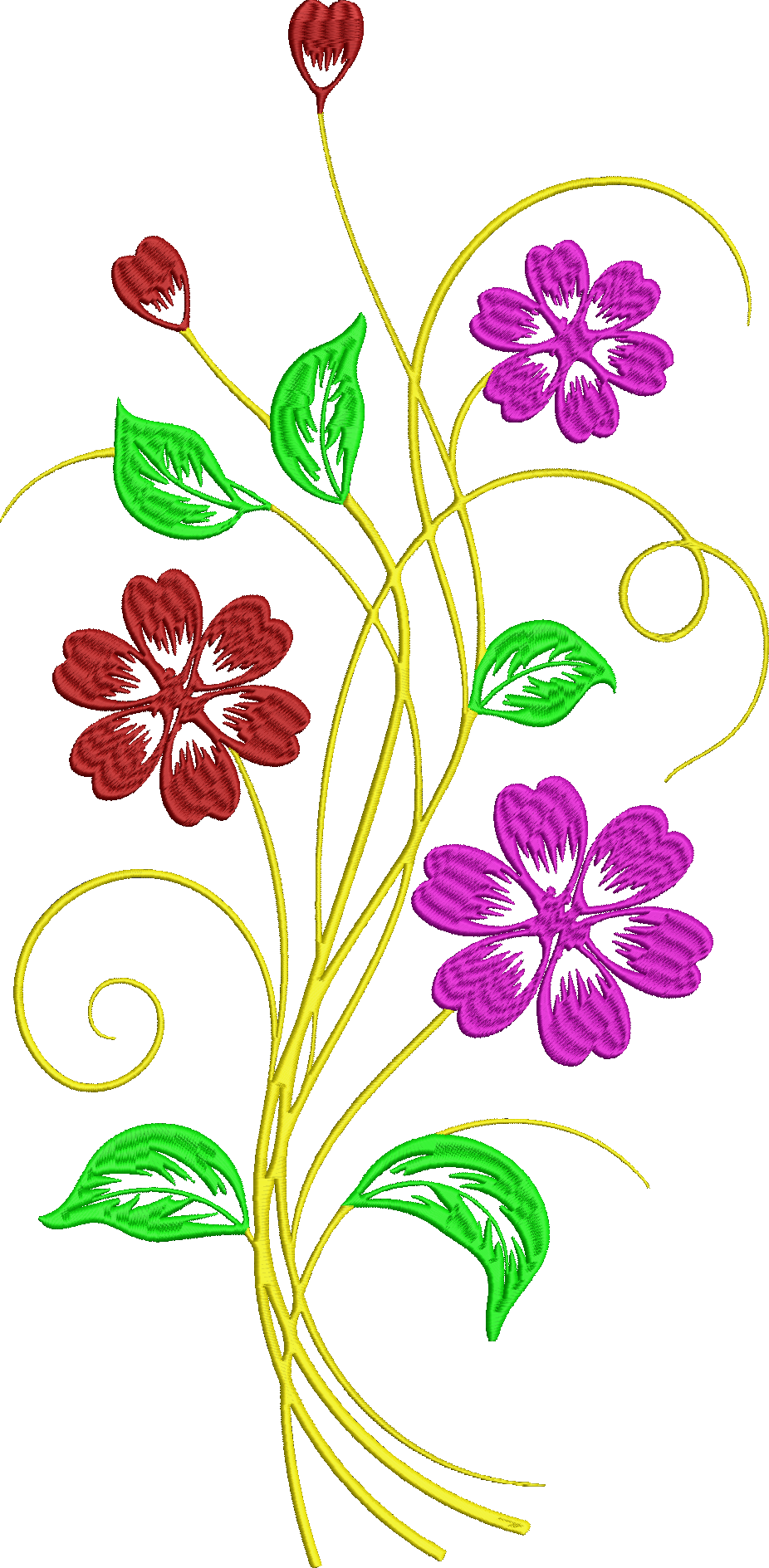 Embroidery design: An embroidery design featuring red and magenta flowers with green leaves and yellow vines in a decorative, ornamental st