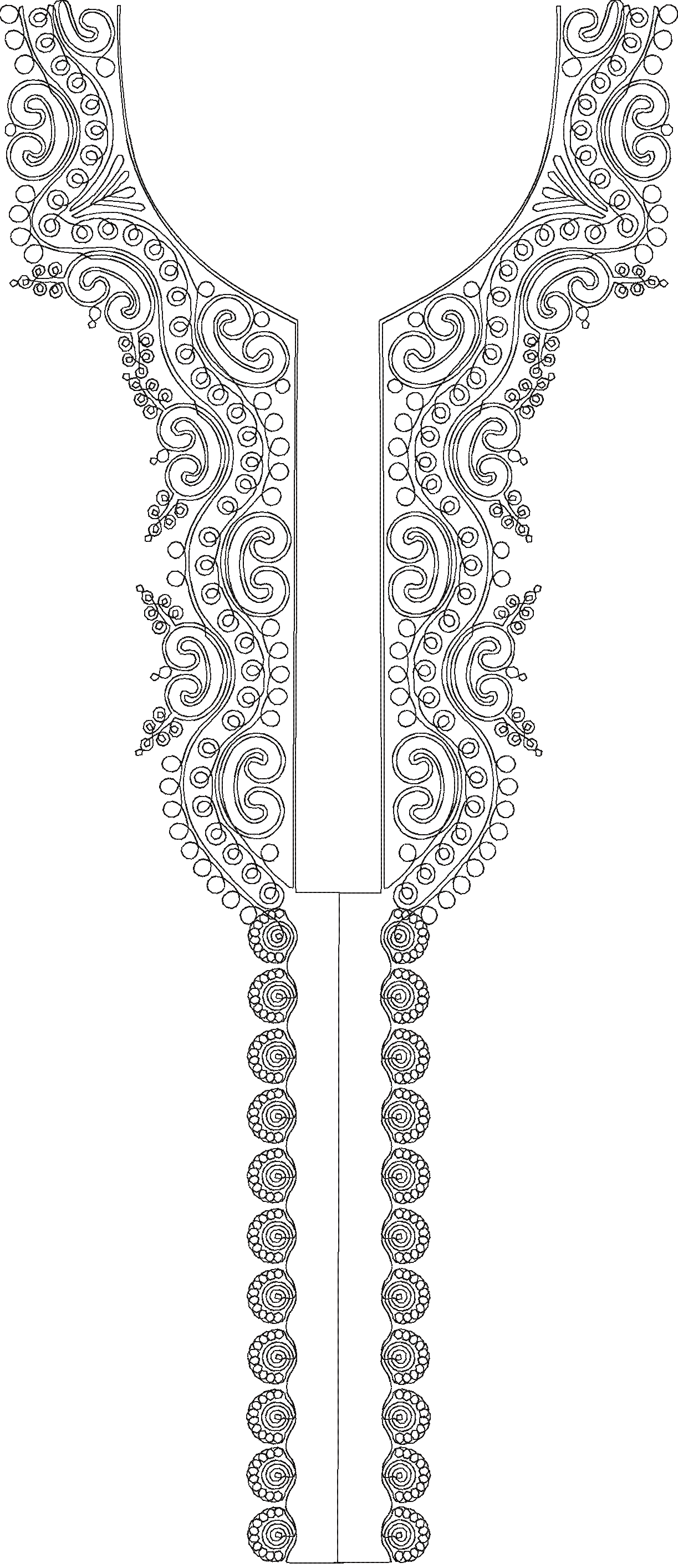 Embroidery design: A blackwork embroidery design for a neckline or panel, featuring symmetrical ornamental scrollwork, vine elements, and c
