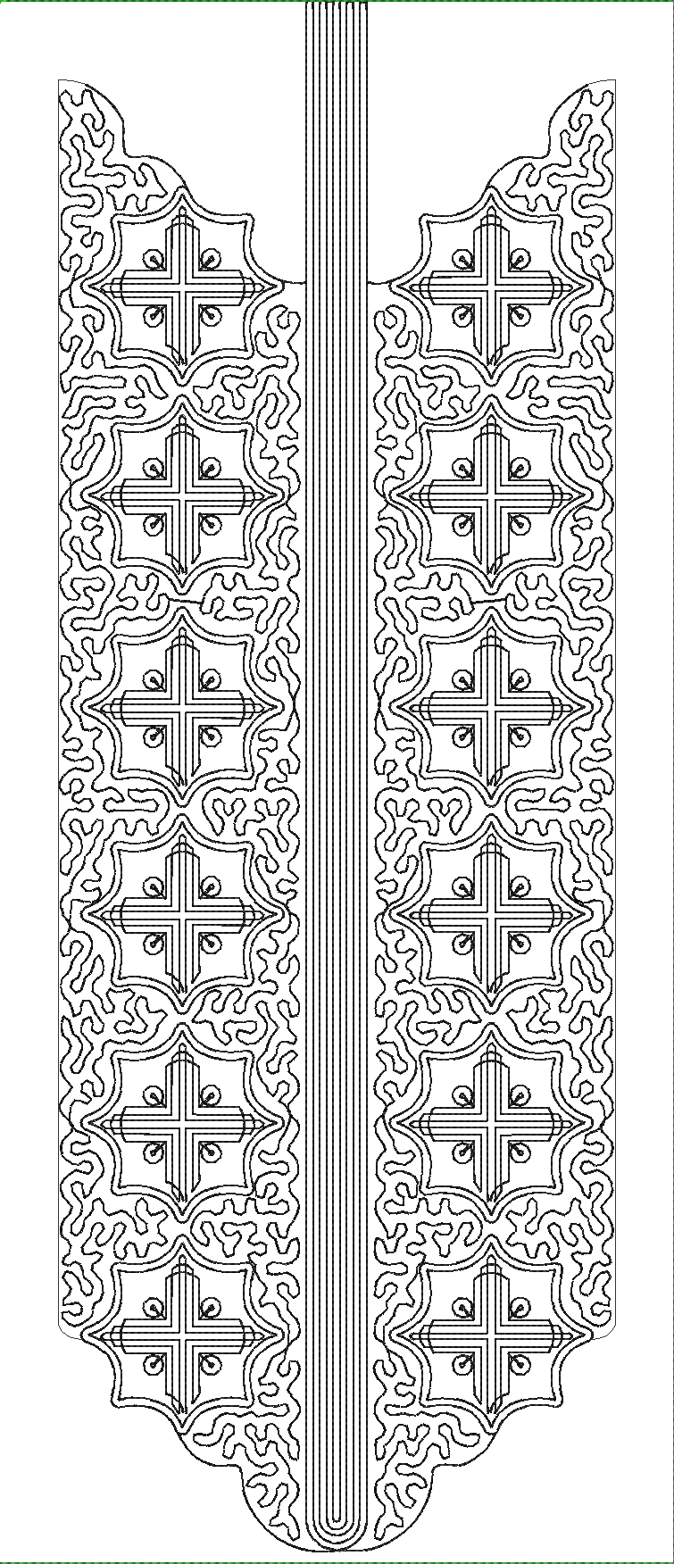 Embroidery design: An embroidery design with a central vertical stripe, flanked by repeating ornamental square motifs containing cross symb